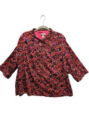 Catherines Blouse Womens 2X Ditzy Floral Black Pink Red Purple Bold Bright Color